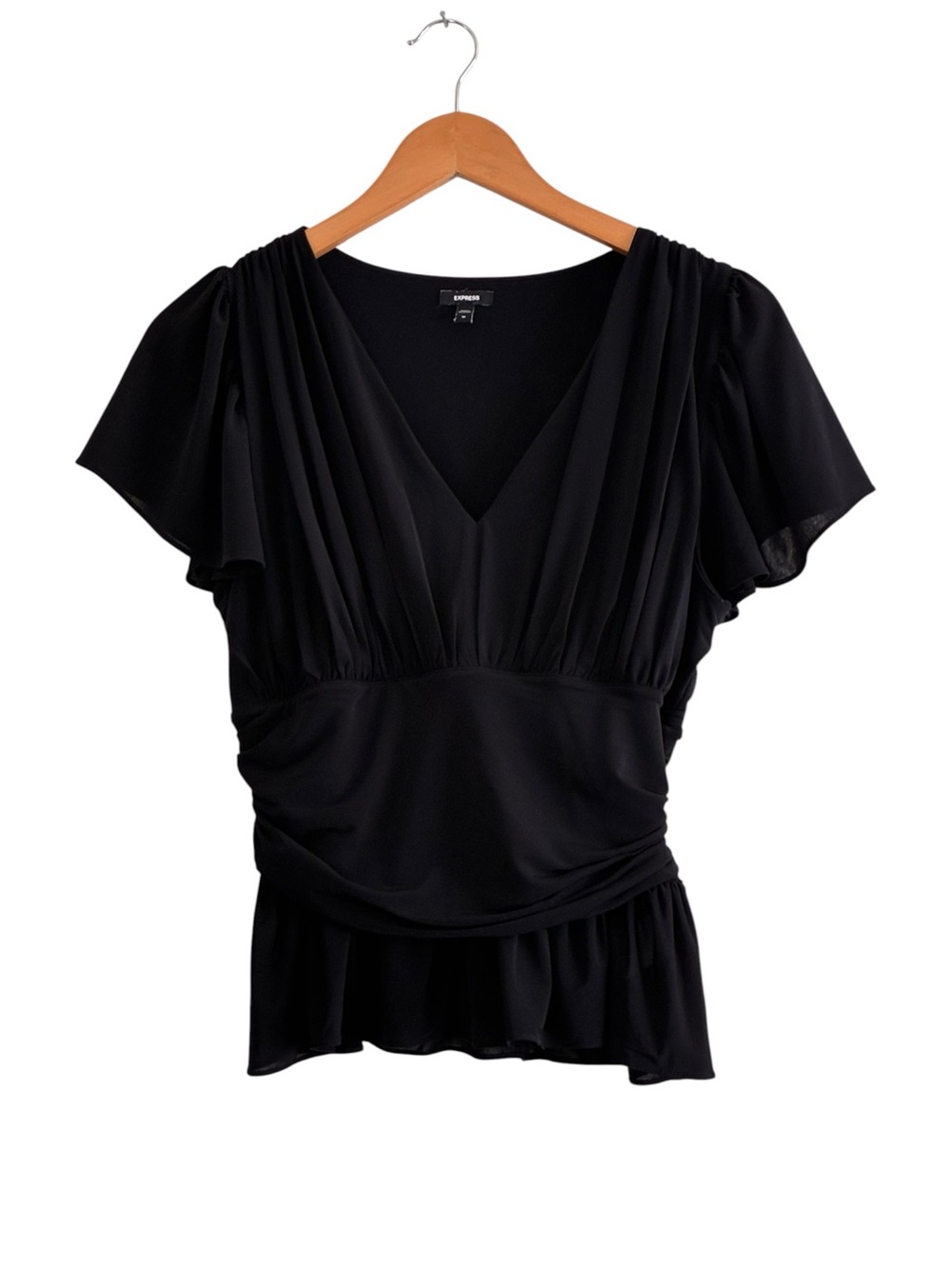 Express | LIKE NEW Black flutter sleeve v-neck ruched blouse size medium